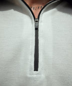 Timeless Fusion Evo Men White Zipper Polo with Grey Striped Twill Tape