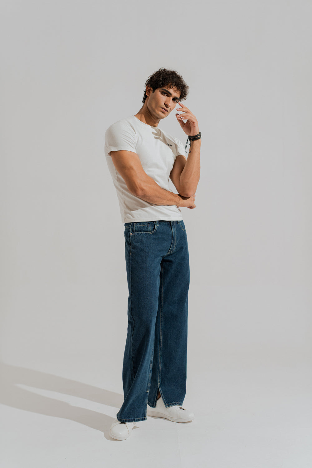 ND CITY™ Blue Mid Washed Wide Leg Slit Denim Jeans