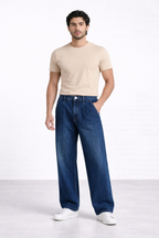 ND CITY™ Blue Pleated Wide Leg Denim Jeans