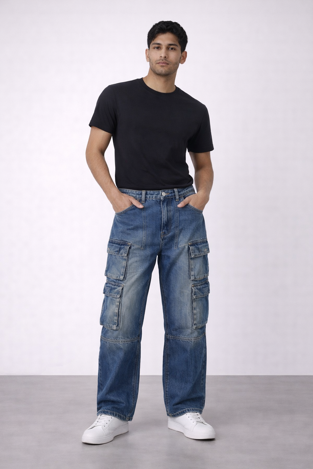 ND CITY™ Blue Vintage Washed Utility Cargo Denim Jeans