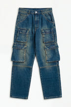 ND CITY™ Blue Vintage Washed Utility Cargo Denim Jeans