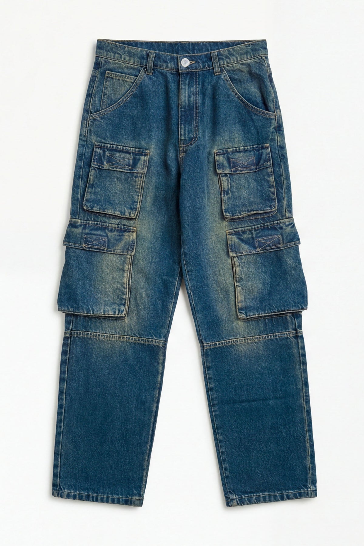 ND CITY™ Blue Vintage Washed Utility Cargo Denim Jeans