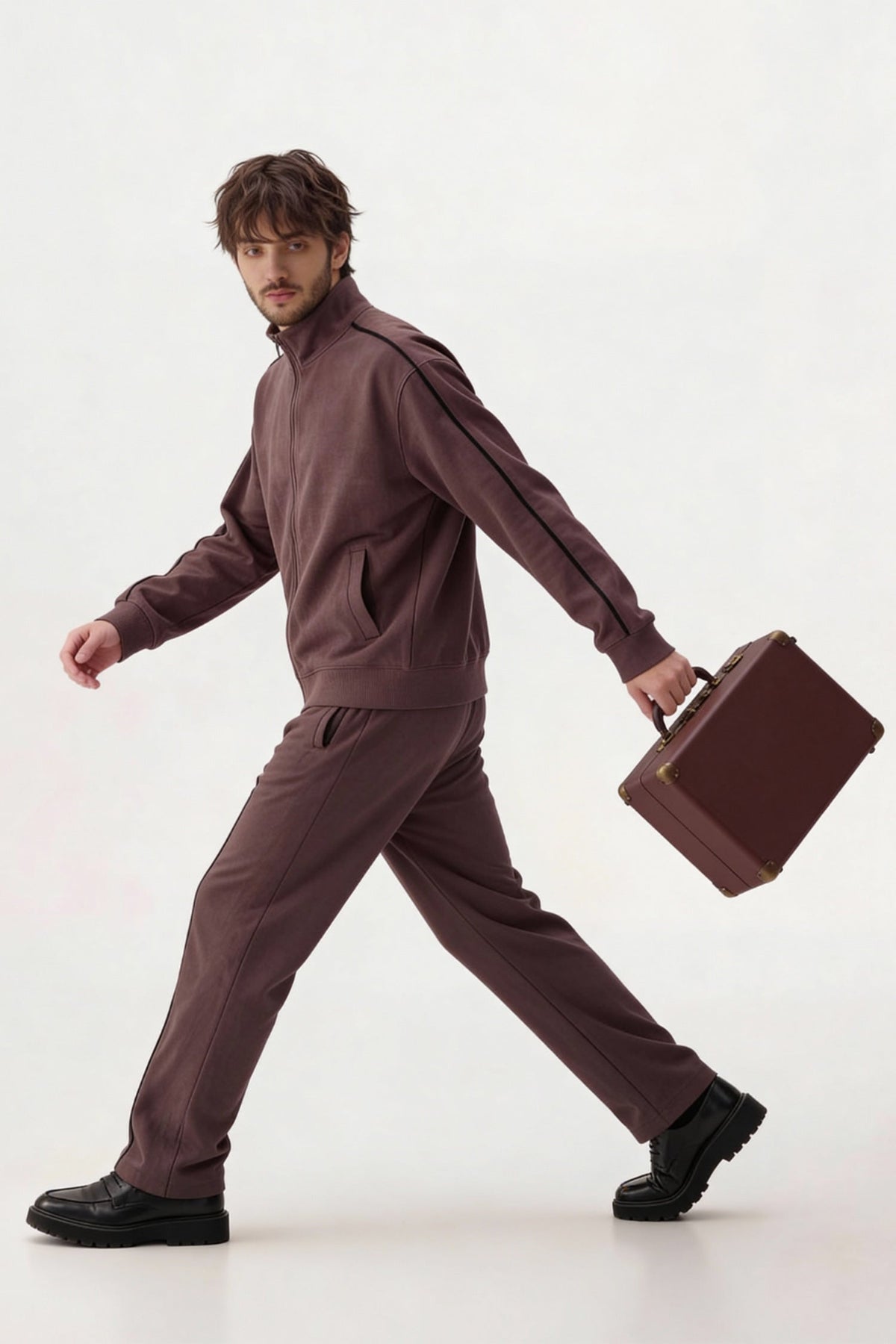 ND CITY™ Brown Textured Regular Fit Mock Neck Zipper