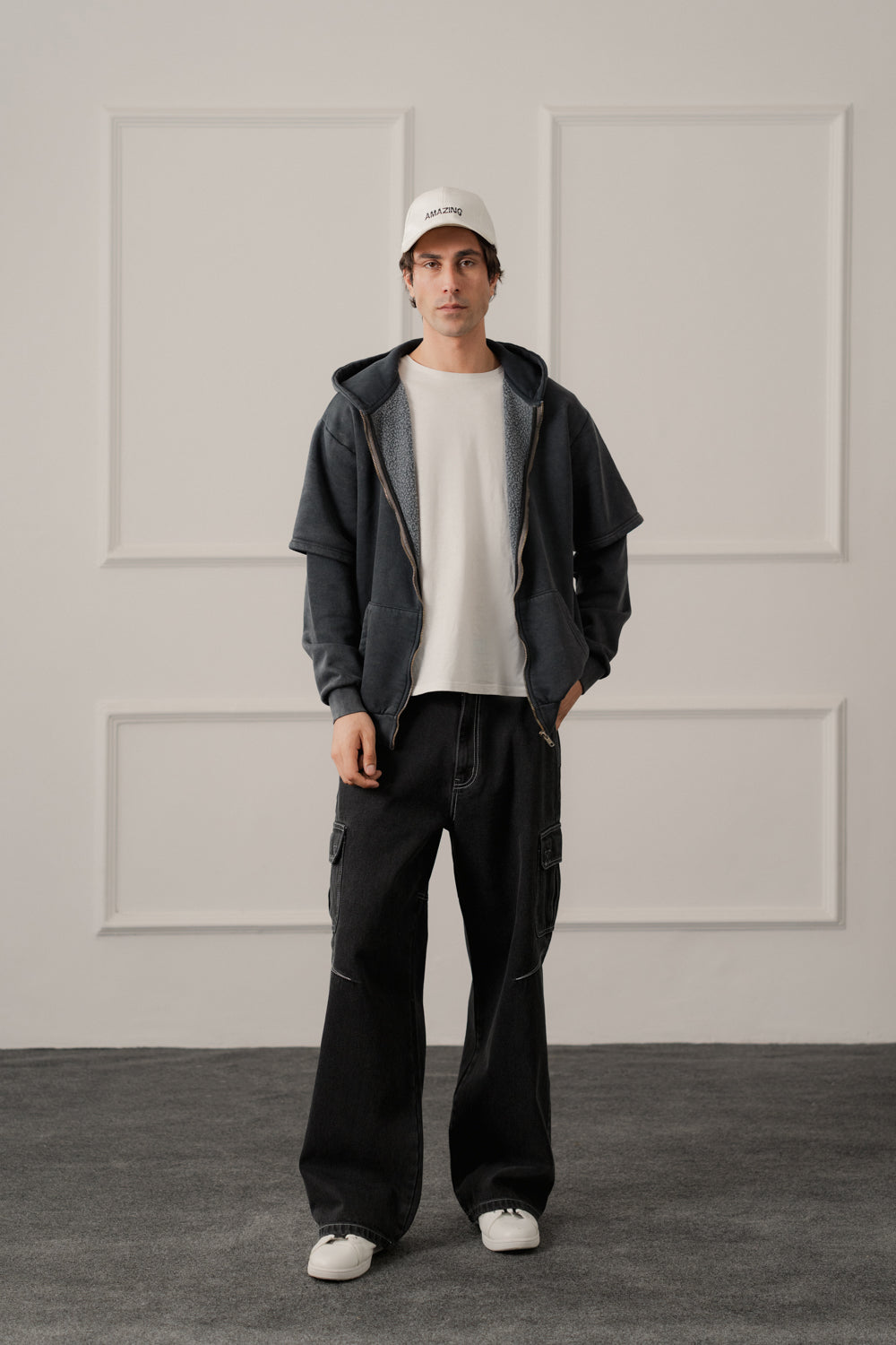 ND CITY™ Grey Acid Washed Relaxed Fit Zipper Hoodie