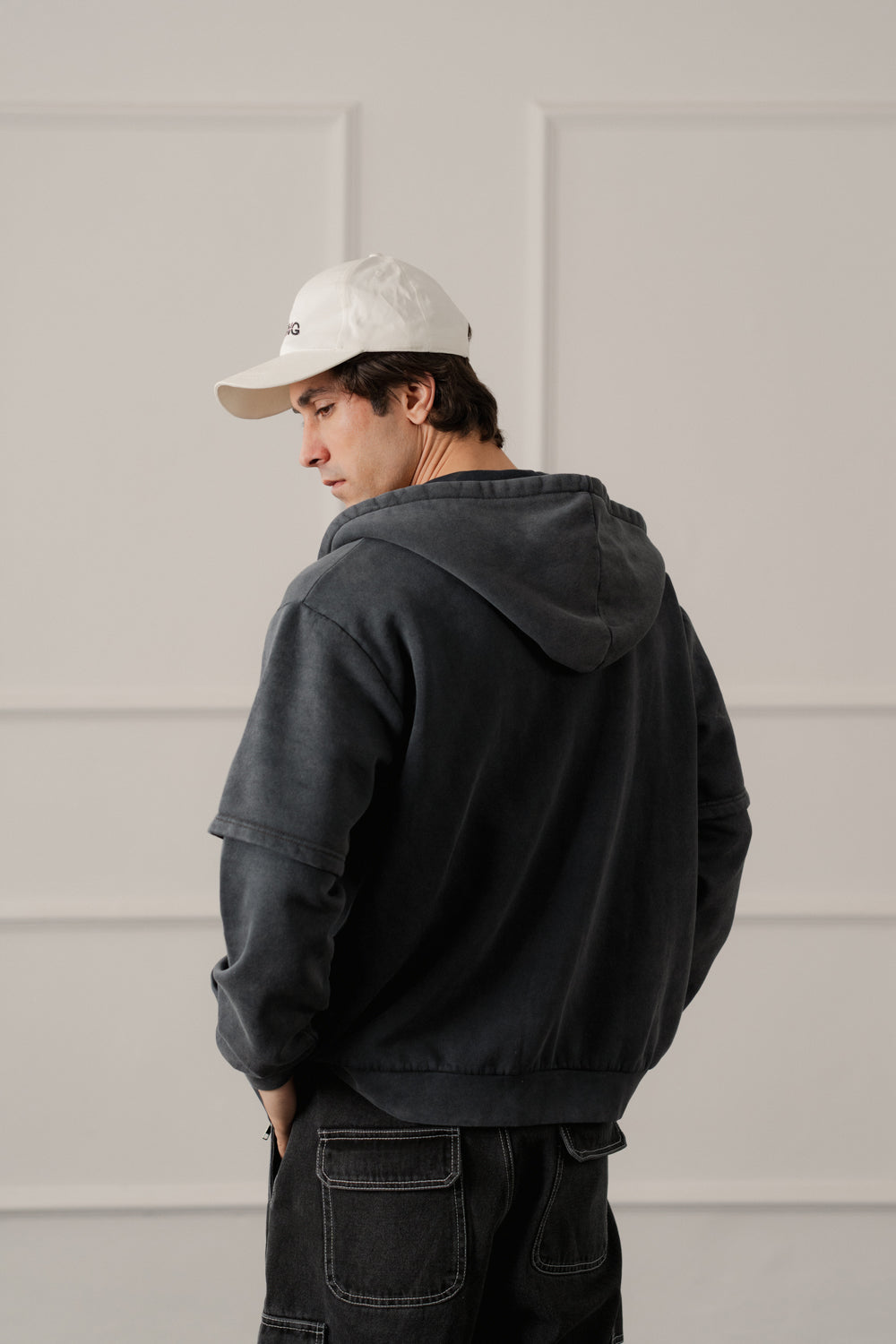 ND CITY™ Grey Acid Washed Relaxed Fit Zipper Hoodie
