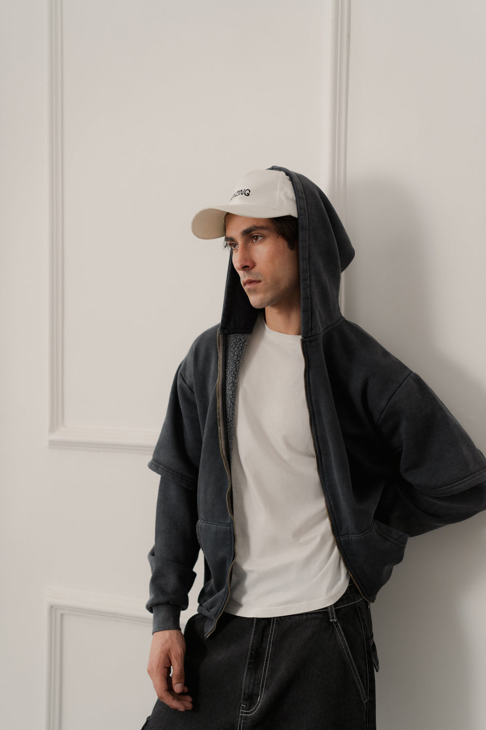 ND CITY™ Grey Acid Washed Relaxed Fit Zipper Hoodie