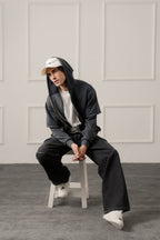 ND CITY™ Grey Acid Washed Relaxed Fit Zipper Hoodie