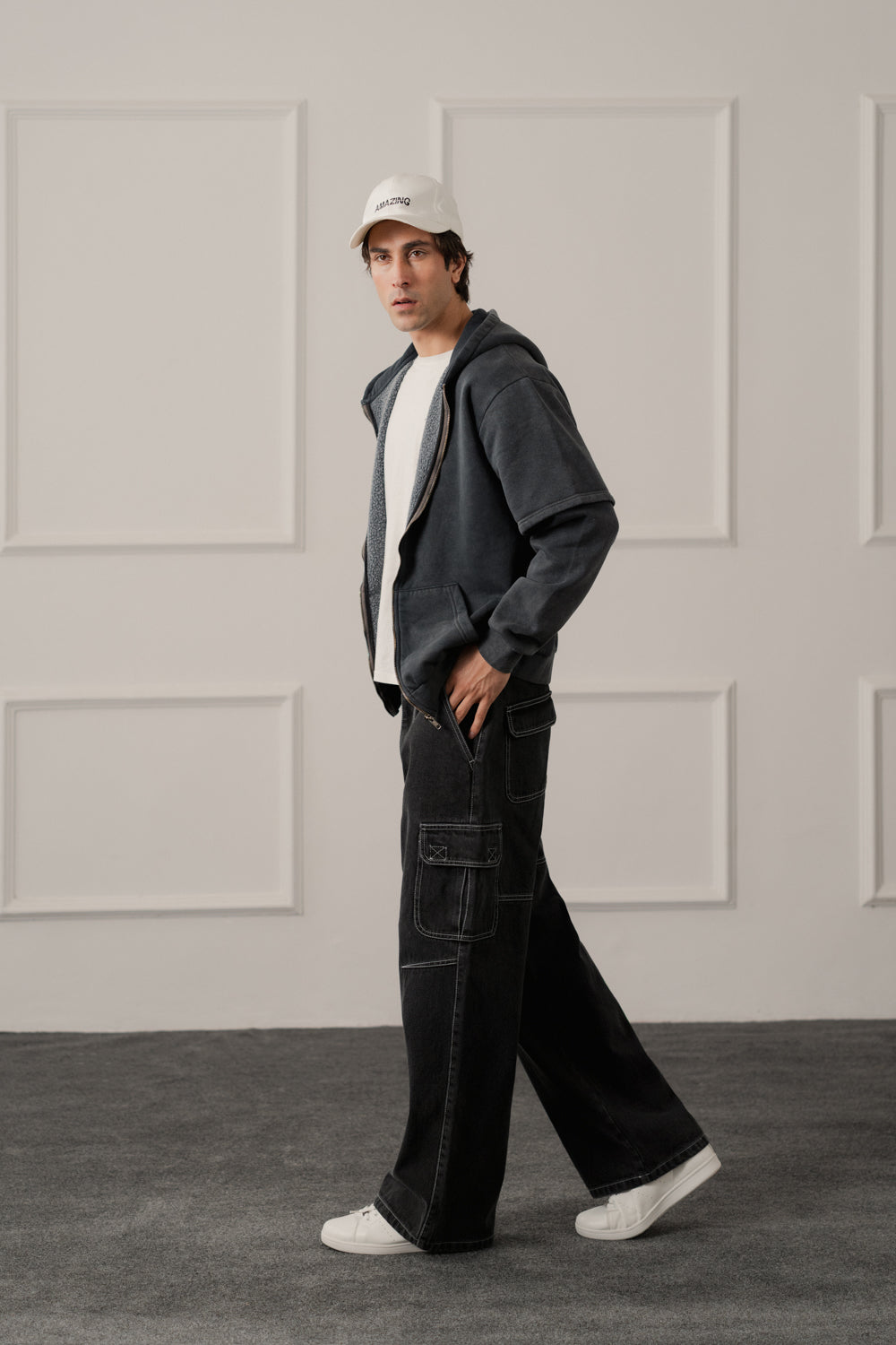 ND CITY™ Grey Acid Washed Relaxed Fit Zipper Hoodie
