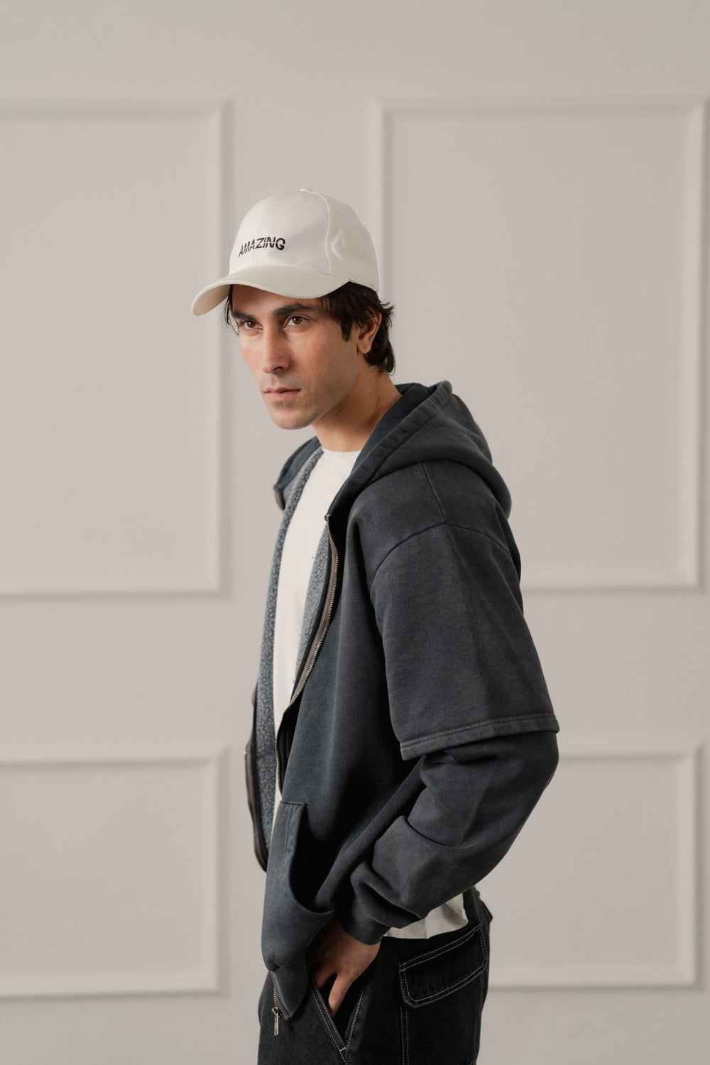 ND CITY™ Grey Acid Washed Relaxed Fit Zipper Hoodie
