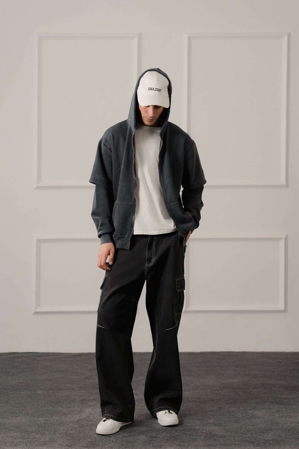 ND CITY™ Grey Acid Washed Relaxed Fit Zipper Hoodie