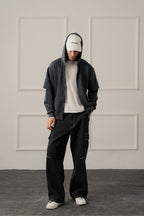 ND CITY™ Grey Acid Washed Relaxed Fit Zipper Hoodie