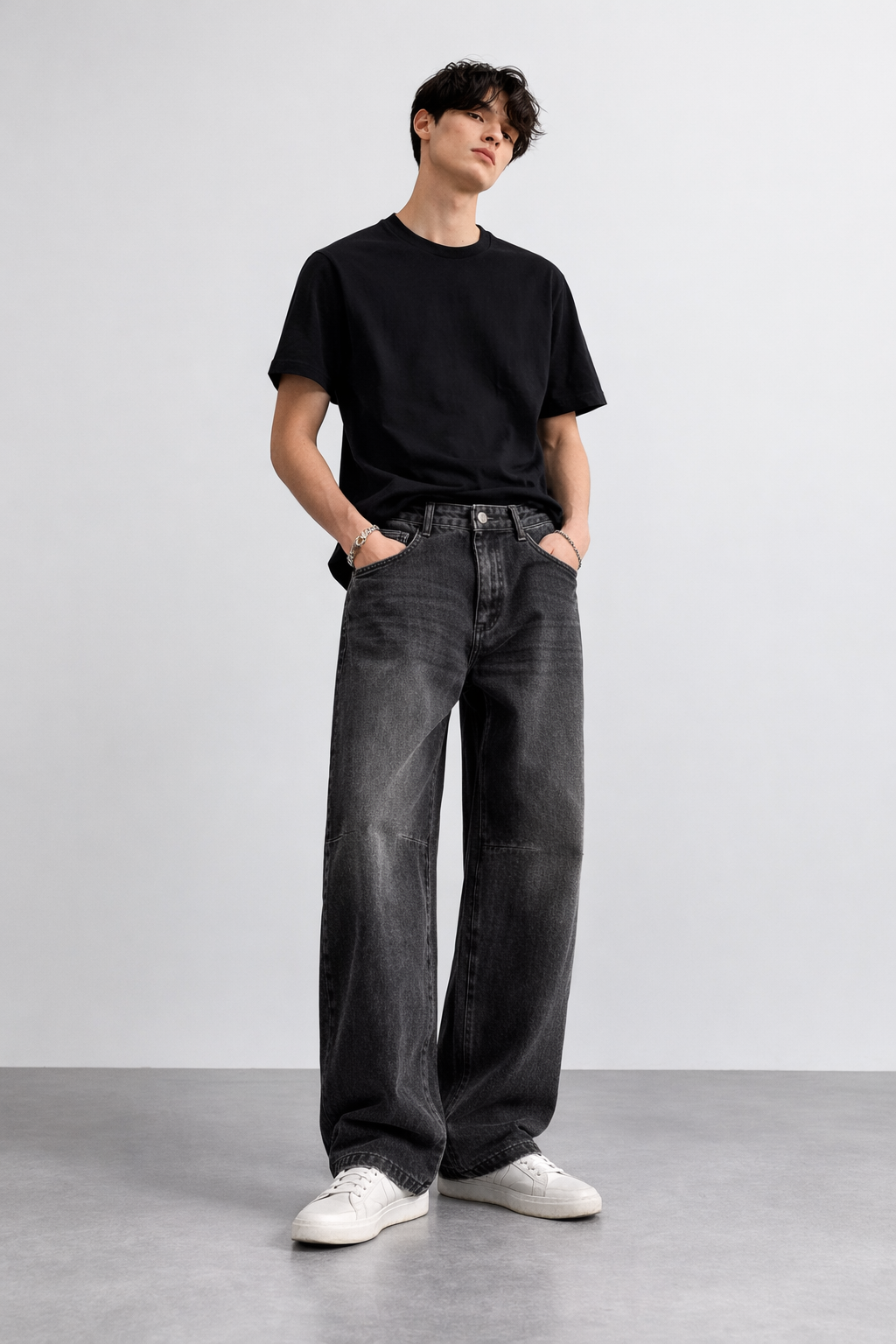 ND CITY™ Grey Mid Washed Baggy Fit Denim Jeans