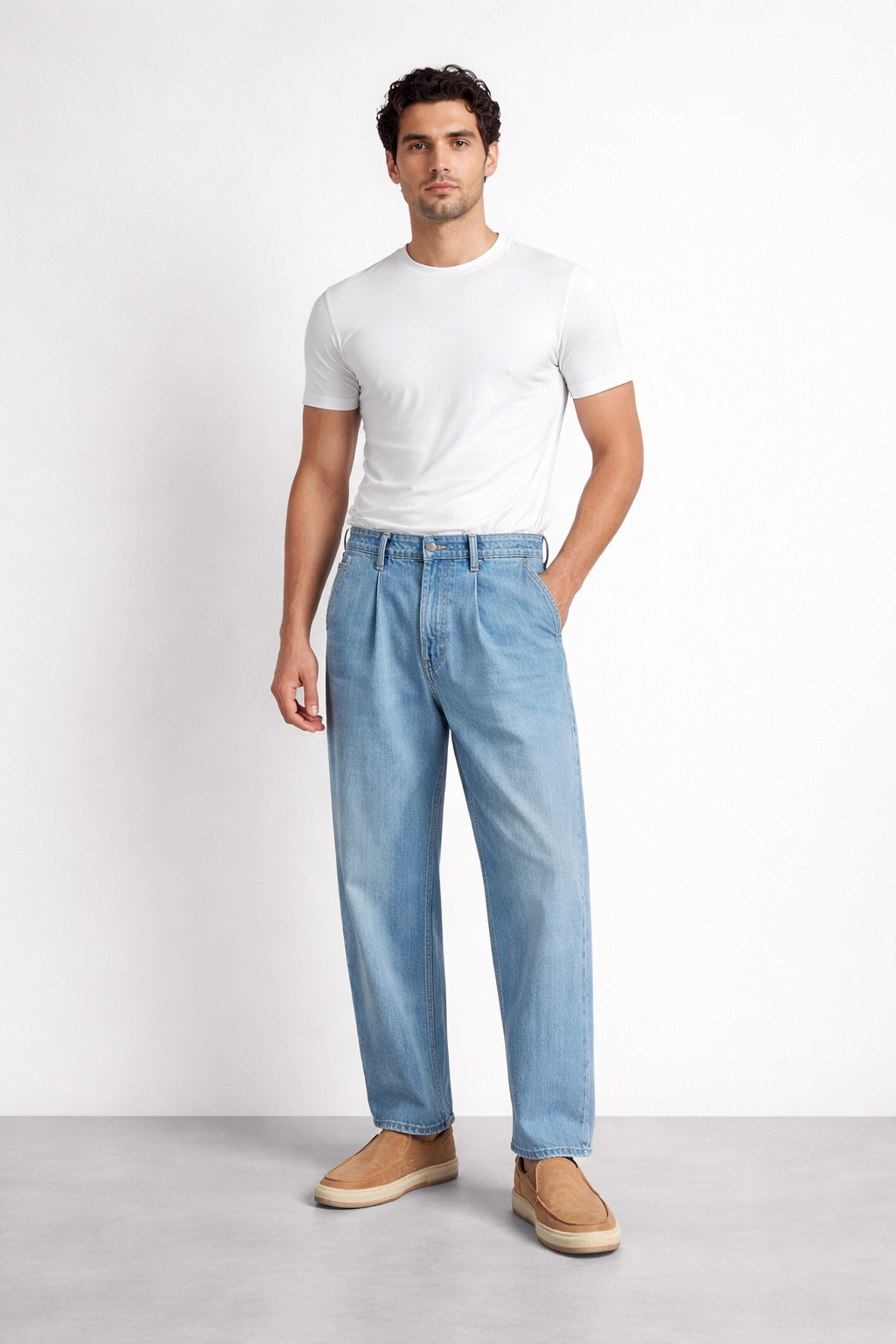 ND CITY™ Light Blue Pleated Loose Fit Denim Jeans