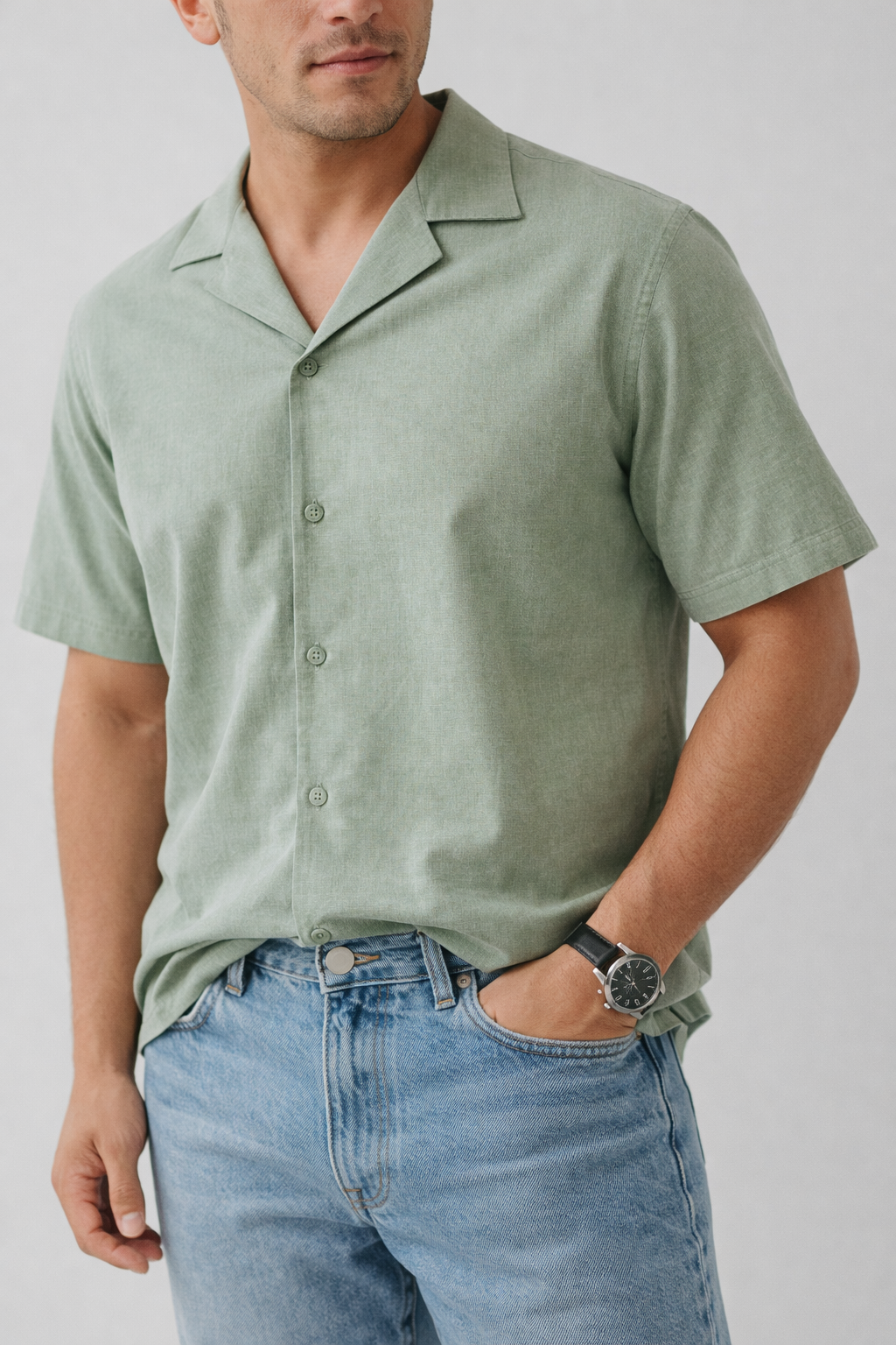 ND CITY™ Mint Green Cuban Collar Relaxed Fit Cotton Shirt