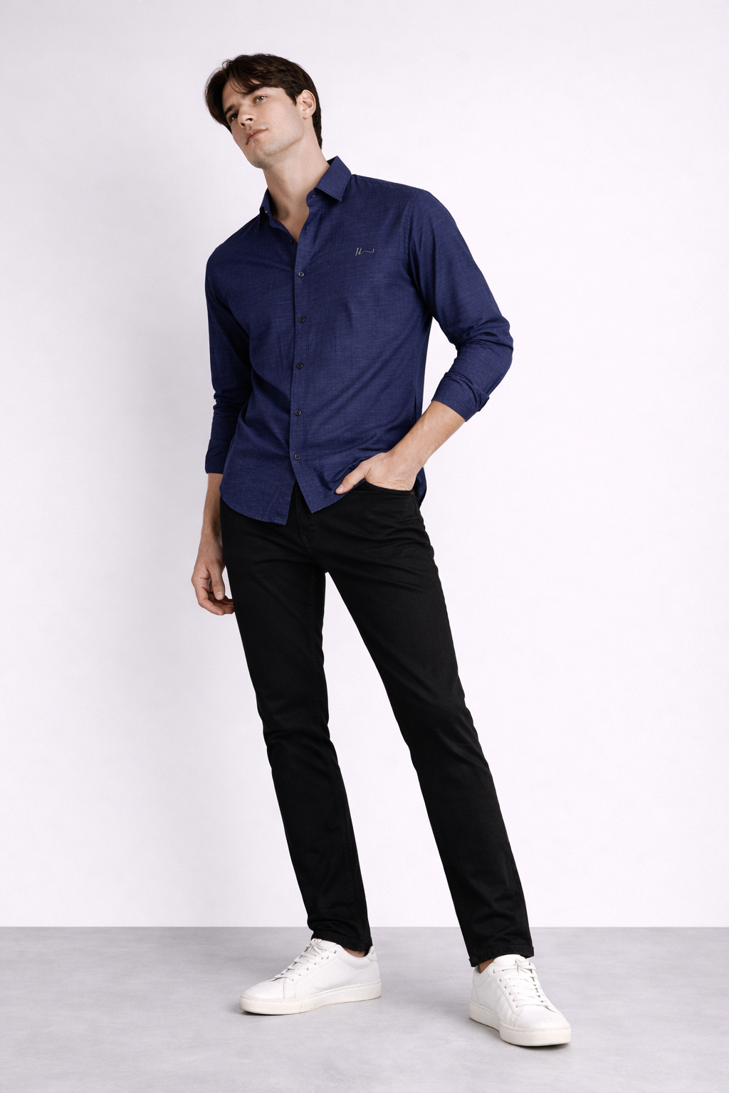 ND CITY™ Navy Blue Band Collar Relaxed Fit Cotton Shirt