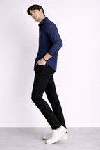 ND CITY™ Navy Blue Band Collar Relaxed Fit Cotton Shirt