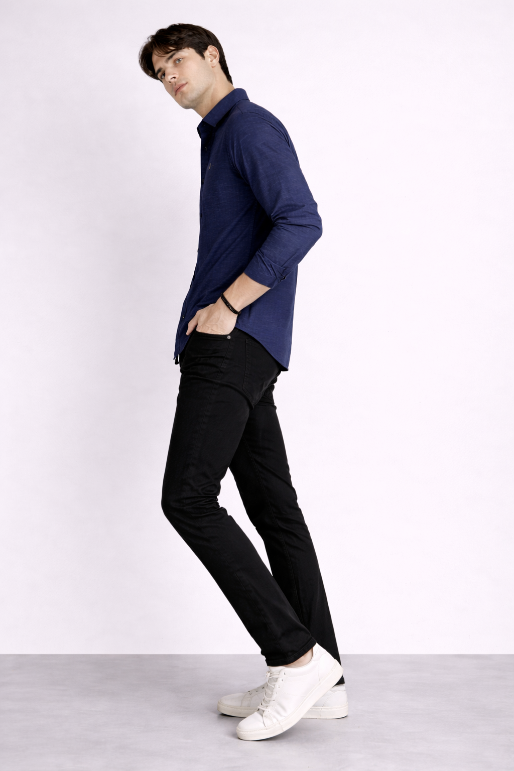 ND CITY™ Navy Blue Band Collar Relaxed Fit Cotton Shirt
